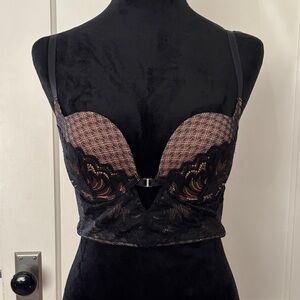 Adore Me Black and tan Lace plunge long line Bra